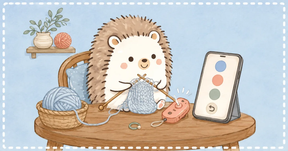 編み物をしながら段数カウンターとスマートフォンを使うハリネズミのイラスト