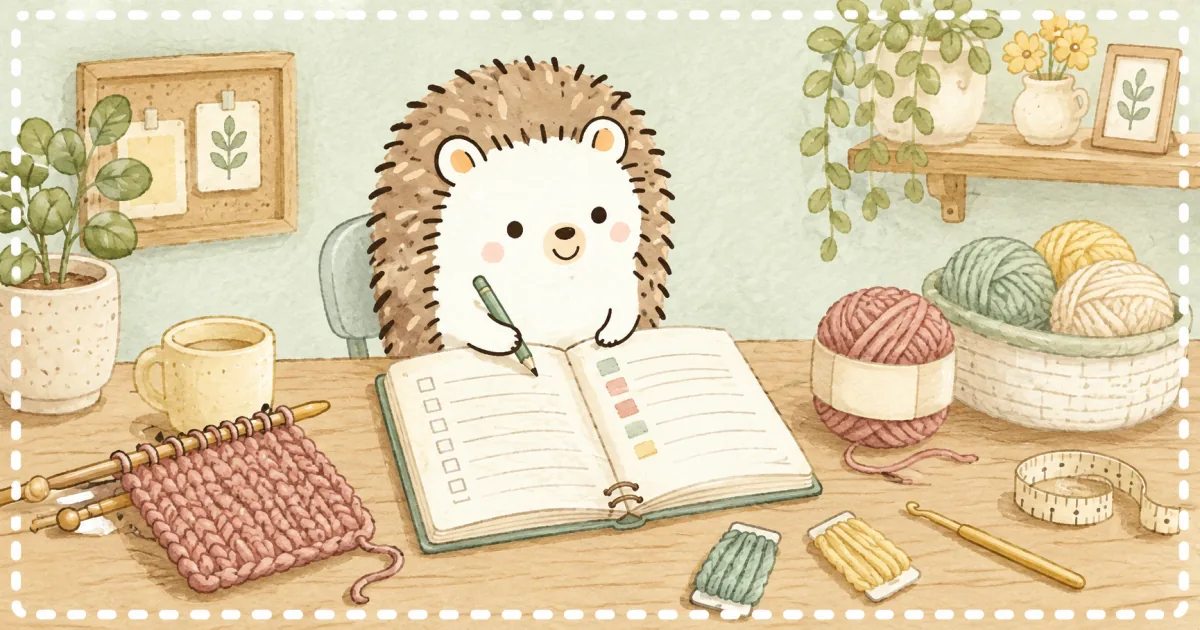 毛糸や編み地を並べて編み物ノートを書くハリネズミのイラスト